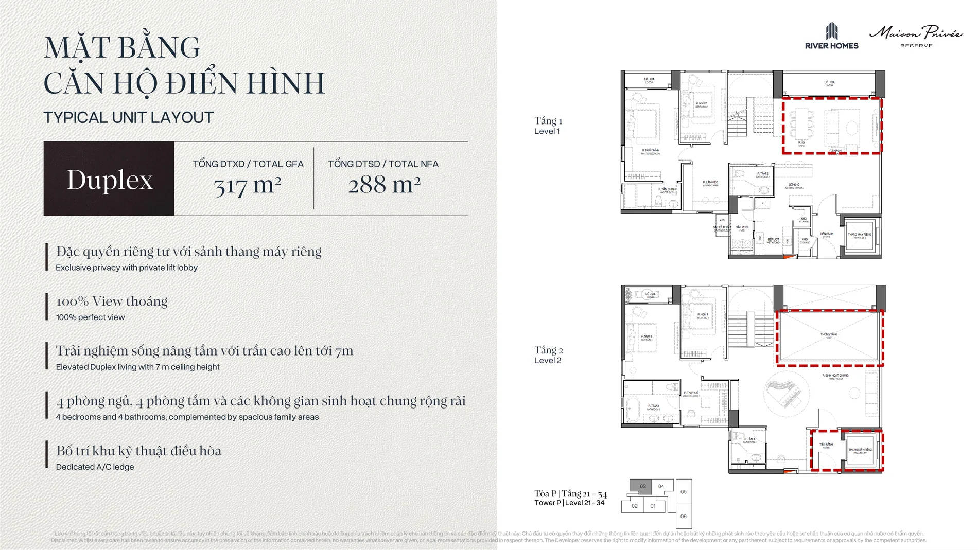 Mặt bằng Duplex 288 m² Tòa P